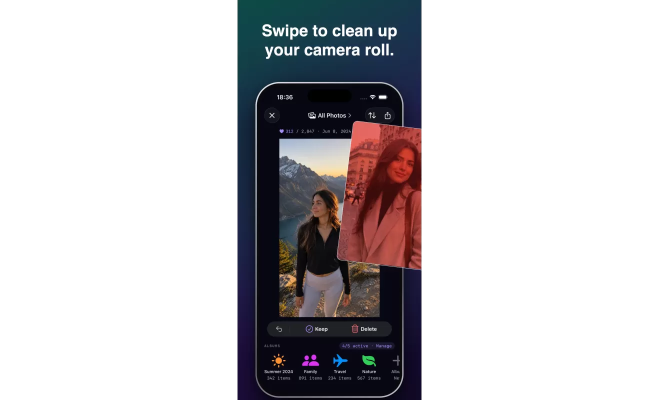 Fovelox swipe review screen with keep and delete actions