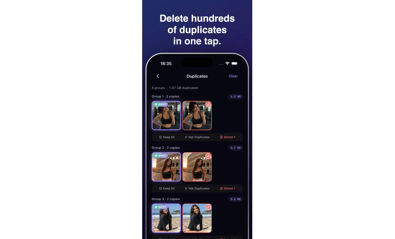 Fovelox duplicate photo review screen with grouped matches and delete action