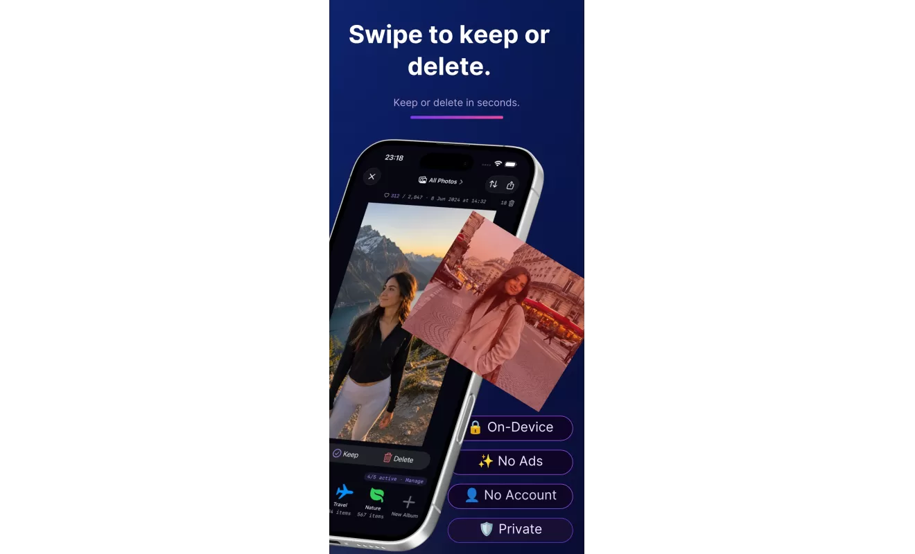 Fovelox swipe review screen with keep and delete actions
