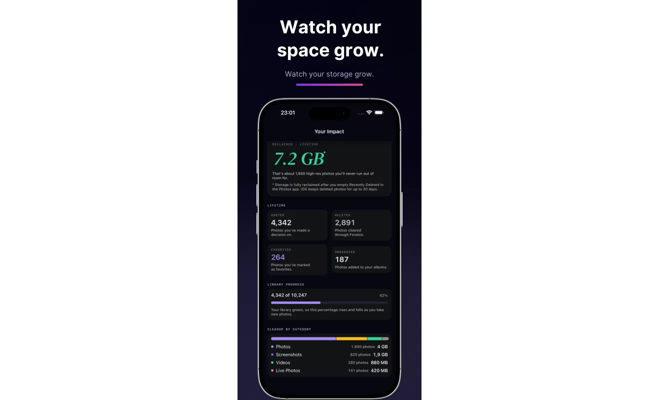 Fovelox impact screen showing reclaimed storage and cleanup history